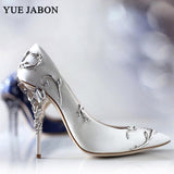 Elegant Silk Women Pumps Leaves Heel High Heels Rhinestone Flower Wedding Shoes Brand Design Pointed Toe shoes woman high heel