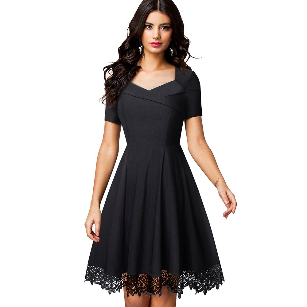 Nice-forever Elegant Embroidery Black Lace Dresses Short Sleeve Swing Flare Women Dress btyA032