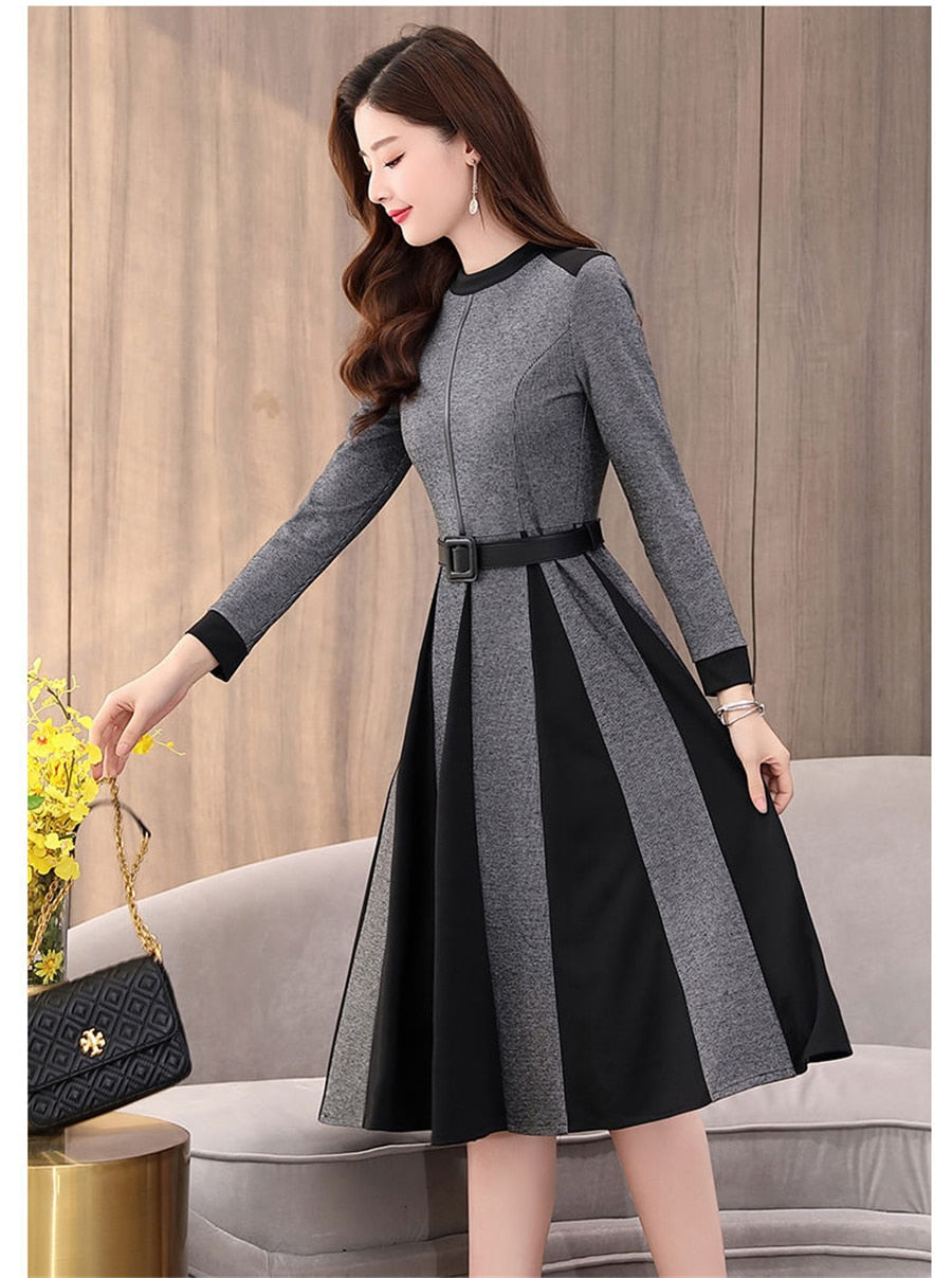 Casual Little Plaid Spliced Hem Pleated A-Line Dresses Women Fall Vintage Belted Long Sleeve Dress Elegant Knee-Length Vestidos