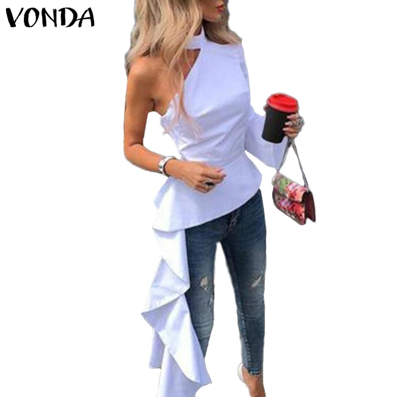 VONDA Asymmetrical Tunic Women One Shoulder Blouse 2021 Summer Party Long Shirts Office Holiday Tops Casual Blusa Plus Size