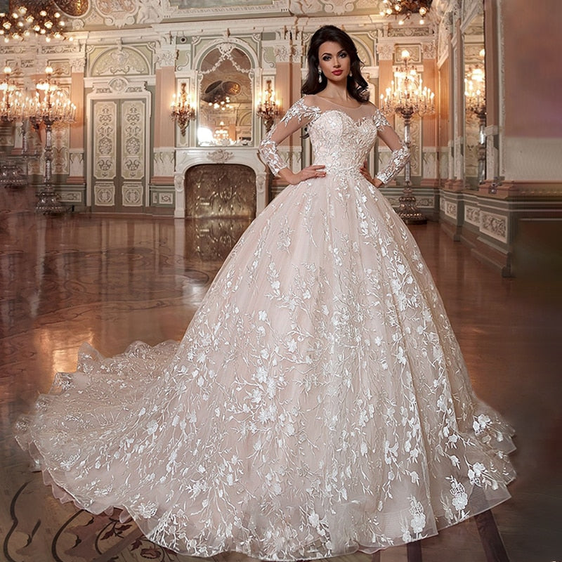 ETHEL ROLYN A-Line Wedding Dress 2021 Long Sleeve Bridal Appliques Lace Up Beaded Sashes Princess Bride Dresses Vestido De Noiva