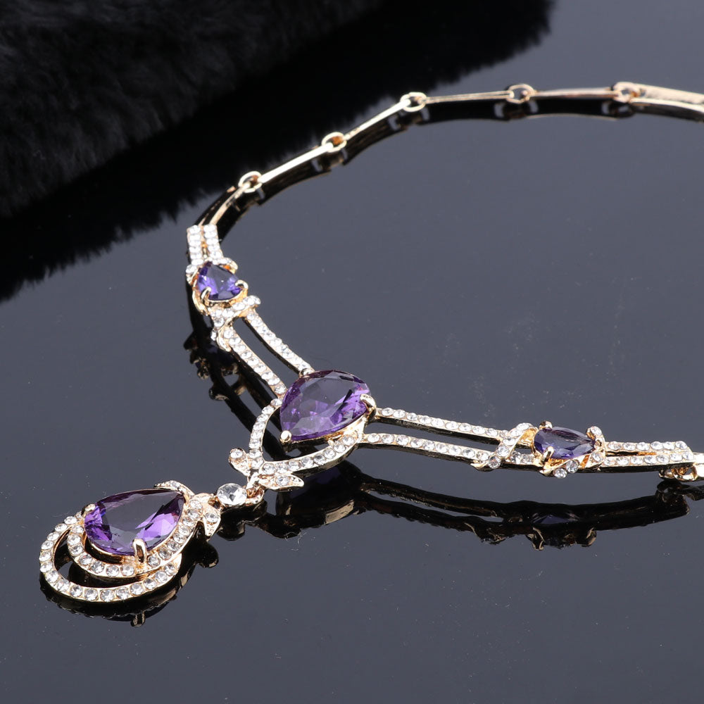 Women Gold Color Purple Zircon Crystal African Beads Necklace Bracelet Earring Ring Saudi Jewelry Set Party Bridal Decoration