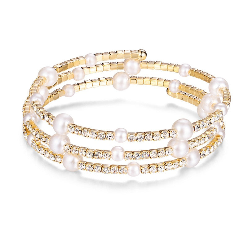 Crystal Pearl Bracelet Ladies Rhinestone Multi-layer Adjustable Bangles Cuffs Gold Silver Plated Charm Bracelets Jewelry Gift