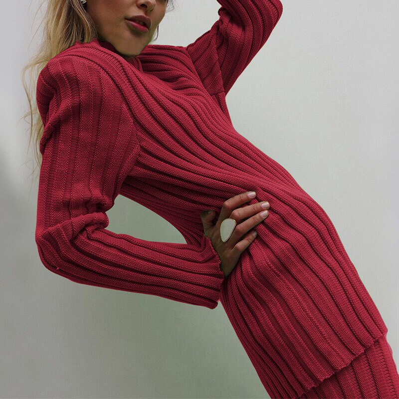 SpotLtWM Cotton Casual Women Knitted Two Piece Sets Ladies Slim Outfits Solid Striped Turtleneck Sweater And Elastic Pant Suits