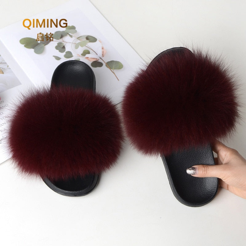 Women Summer Furry Fur Slippers Flat Non-slip Solid Real Fox Fur Slides Fluffy Slippers Ladies Shoes Woman Home Slipper