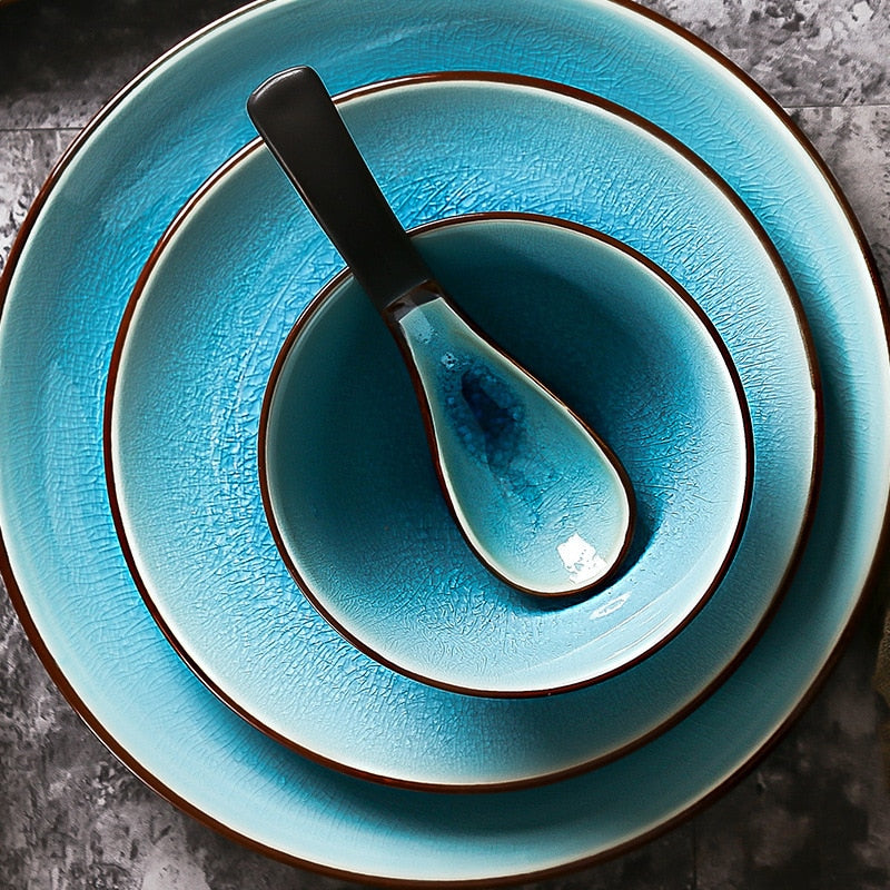 Ice Cracking Glaze Ceramic Tableware Household Dishes Rice Bowls Steamed Fish Dishes Porcelain Blue Dinner Plates