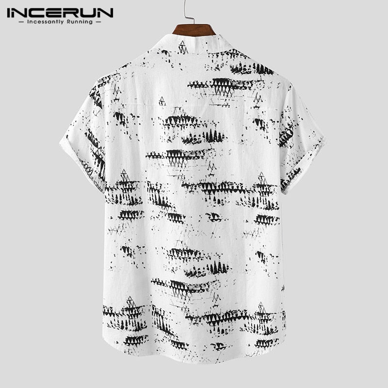 INCERUN Men Vintage Printed Shirts Short Sleeve Stand Collar Shirt Man Casual Buttons Loose Blouse Fashion Cotton Floral Camisa