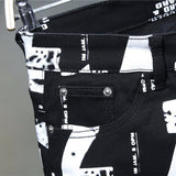 Men's White Letters Numbers Print Black Jeans Trendy Sim Fit Stretch Denim Pencil Pants Trousers