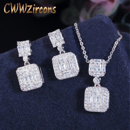 CWWZircons Exquisite Shiny Baguette White Cubic Zirconia Fashion Brand Ladies Earring Pendant Necklace Chic Jewelry Sets T469