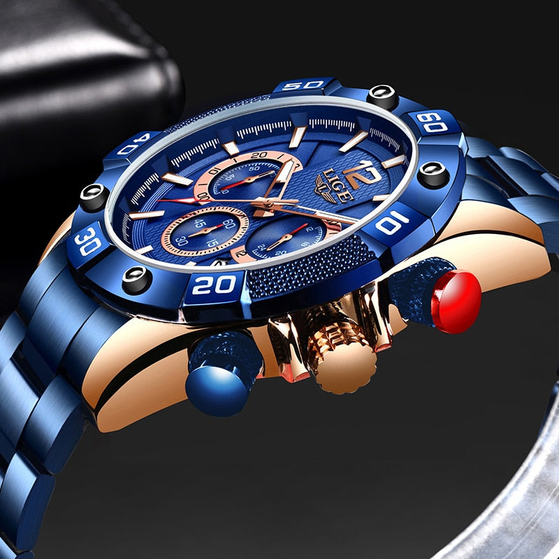 LIGE 2021 New Fashion Blue Mens Watches Top Brand Luxury Clock Sports Chronograph Waterproof Quartz Watch Men Relogio Masculino