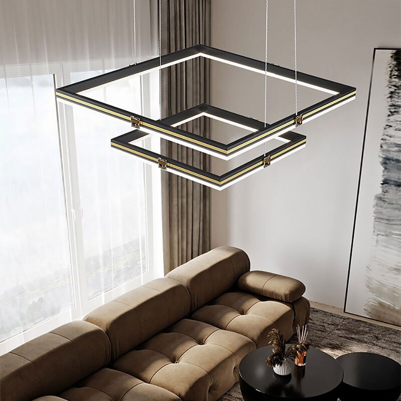 Modern Minimalist Luster Square Black Gold LED Chandelier for Bedroom Living Room Restaurant Loft Home Indoor Light Fixture