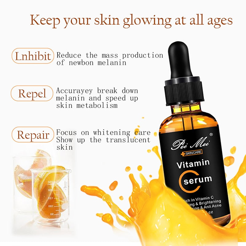 30ml Vitamin C Facial Serum Whitening Brightening Moisturizing Improve Roughness Lighten Spots Hyaluronic Acid Facial Essence