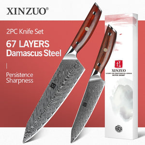 XINZUO 2 PCS Kitchen Knife Brand Cook Sets High hrc Damascus Steel Knife Brand Chef Paring Knives Cooking Tools rosewood Handle