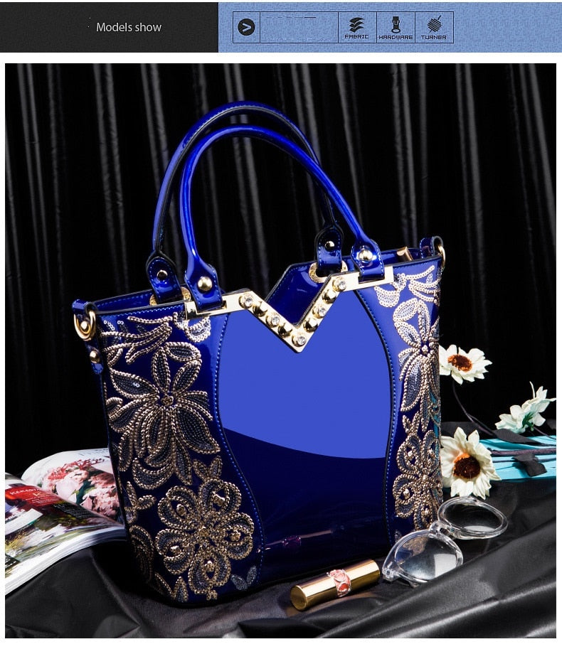 AMELISH Luxury Bag for Women 2022 High Quality Patent Leather Flower Embroidery Diamond Tote Handbag Fashion Female Shoulder Bag