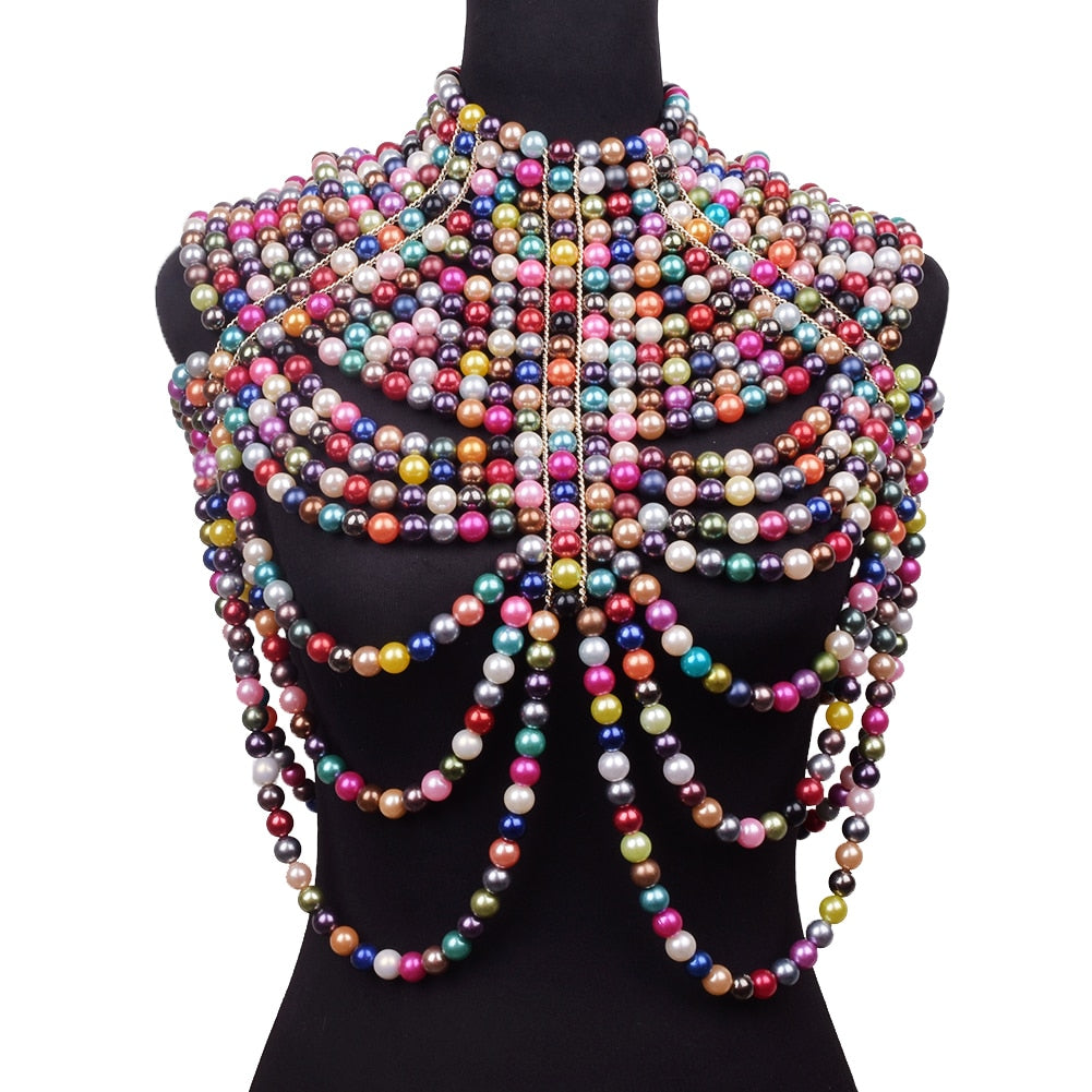 Women Pearl Shawl Necklaces Body Chain Sexy Beaded Collar Shoulder Pearl Bra Top Sweater Chain Wedding Dress Body Jewelry