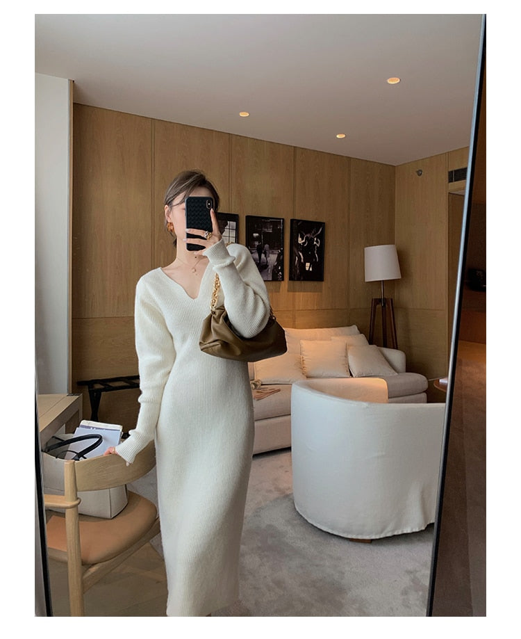 Elegant Long White Knitting Dress Women Winter V-Neck Long Sleeve Bodycon Dress Korean Office Lady High Waist Vintage Dress 2021