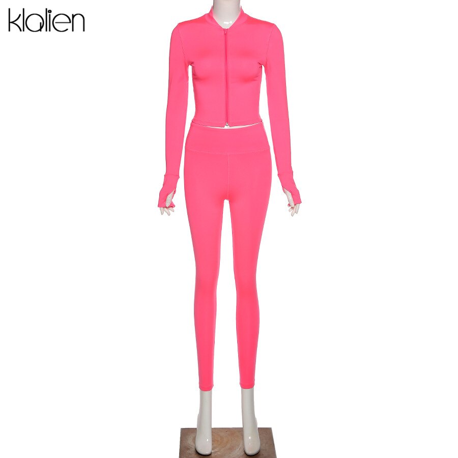 KLALIEN Fashion Casual Simple Solid Sports Two Piece Set Autumn Long Sleeve Zipper Top and Pant Female Tracksuit 2020 Streetwear