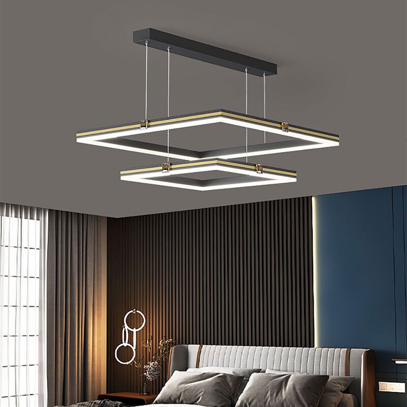 Modern Minimalist Luster Square Black Gold LED Chandelier for Bedroom Living Room Restaurant Loft Home Indoor Light Fixture