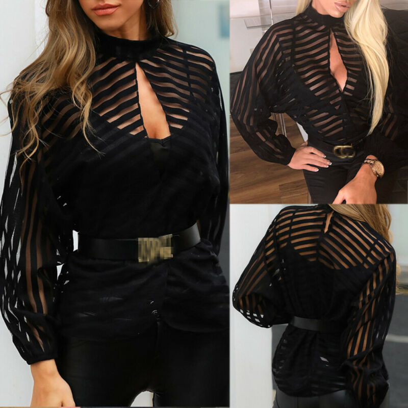 Sexy Black Women Mesh Sheer Blouses Ladies Long Sleeve Striped Front Hollow Out Transparent Shirts Blusas Mujer Camisas