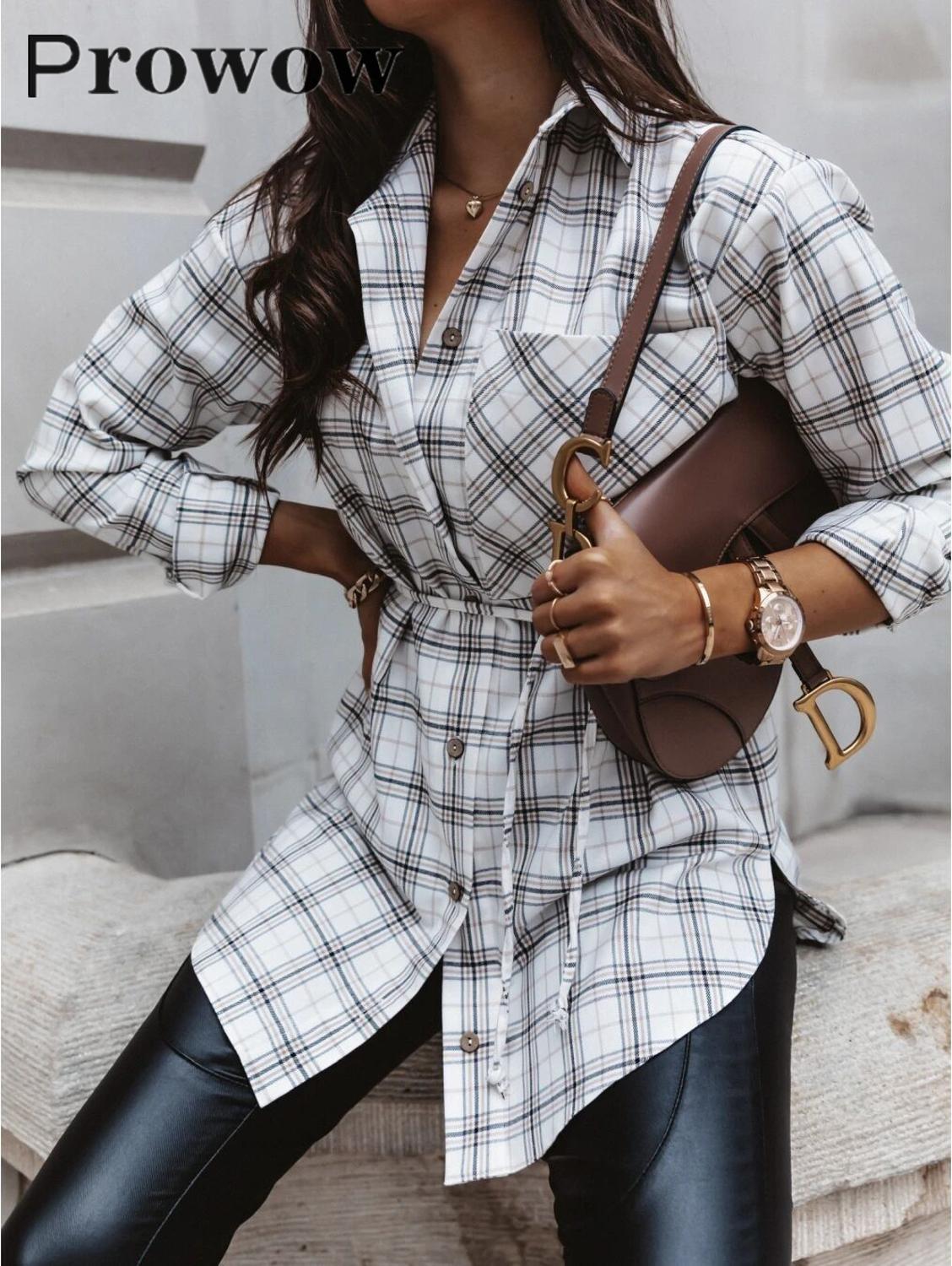 Prowow Women Long Plaid Blouse Spring Autumn Casual Long Sleeve Female Shirts Single Breasted Turndown Collar Plus Size Tops