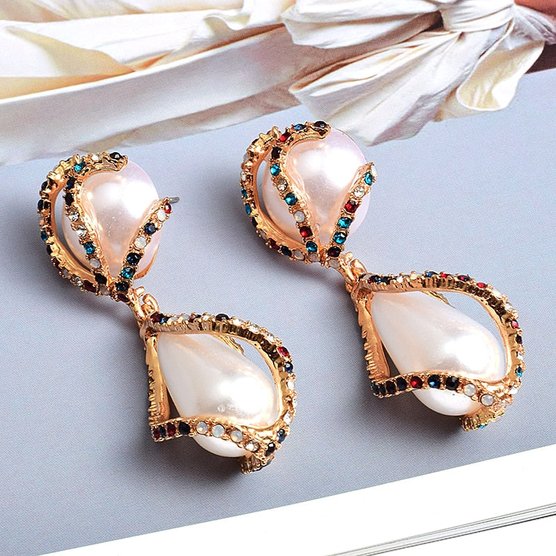 New Colorful Rhinestone Big Pearl Drop Earrings Fine Jewelry Accessories For Women Fashion Trend Pendientes Bijoux