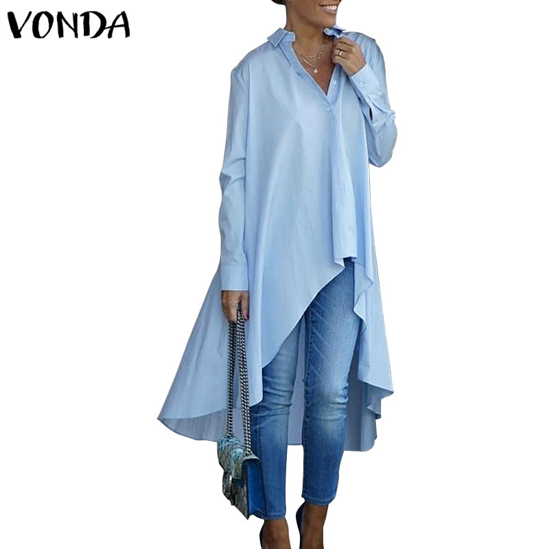 Asymmetric Blouse Women Casual Irregular Hem Blouse Party Shirts VONDA 2021 Autumn Long Sleeve Bohemian Tops Plus Size Blusas