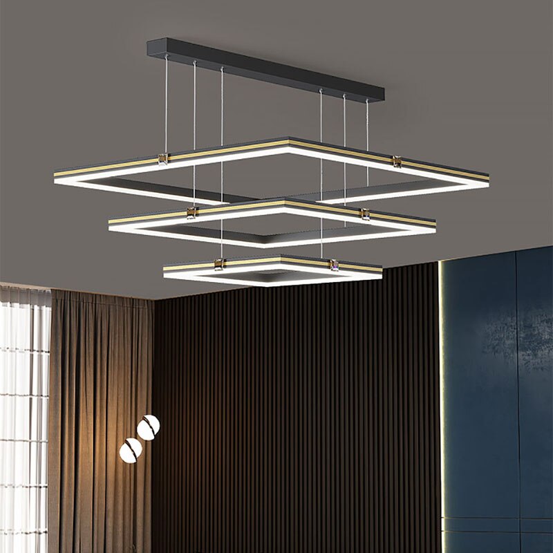 Modern Minimalist Luster Square Black Gold LED Chandelier for Bedroom Living Room Restaurant Loft Home Indoor Light Fixture