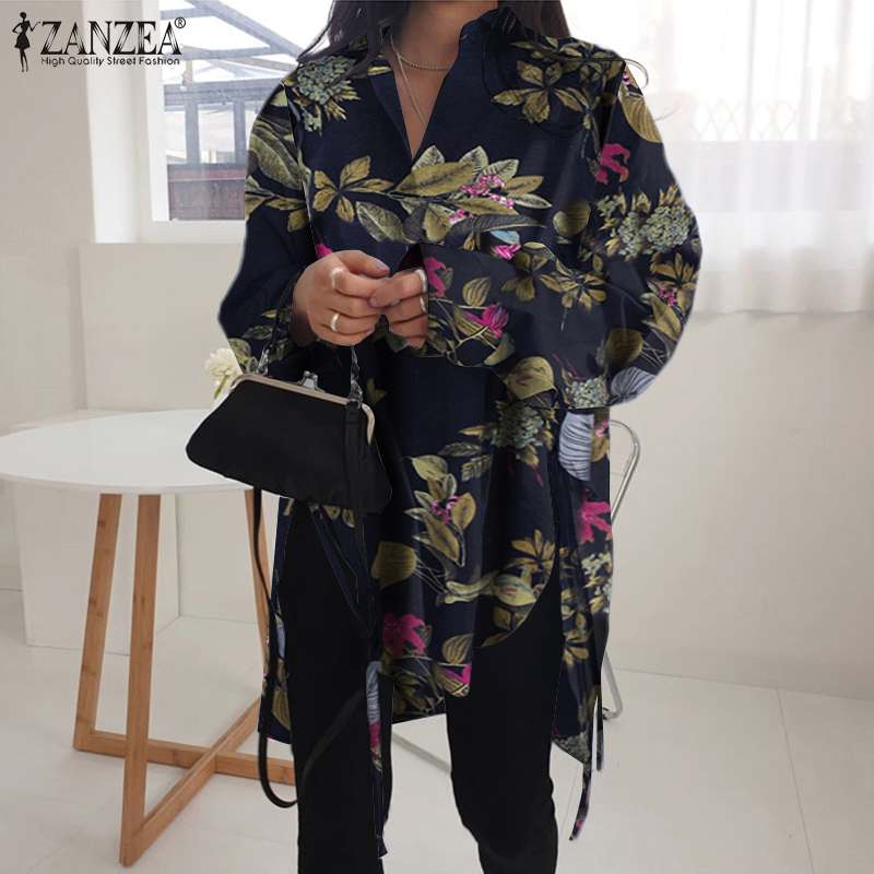 Stylish Solid Shirts Women's Asymmetrical Blouse 2021 ZANZEA Casual Lace Up Blusas Female Button Lapel Shirt Oversized Tunic 5XL