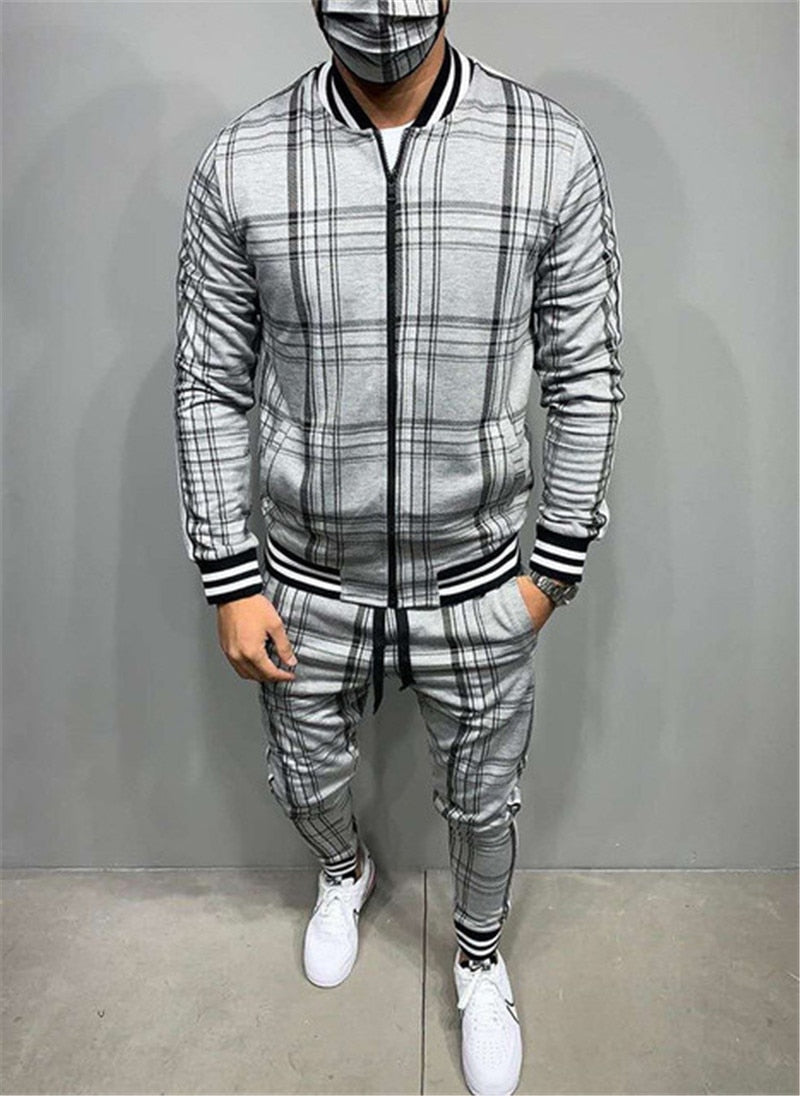 2022 New gyms Men's Sets 2 Pieces Sets Tracksuit Men's Jackets+Pants suit Sportwear Gentlemen Plaid Mens Sports Suit men Clothes