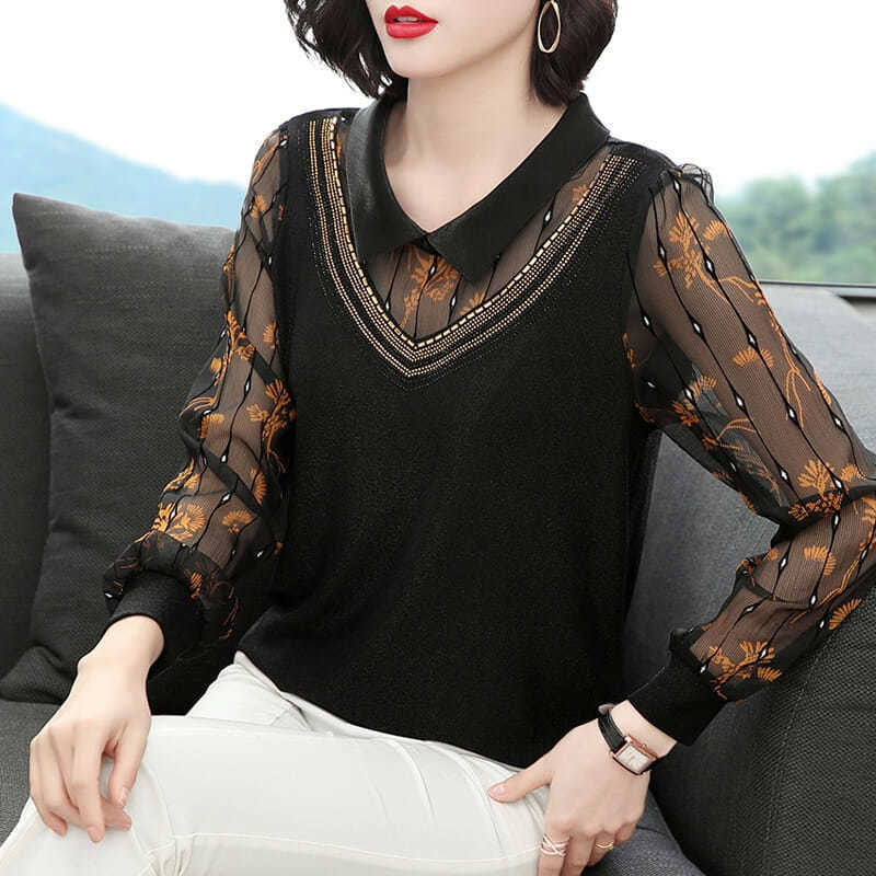 Women Spring Autumn Style Mesh Lace Blouses Shirts Lady Casual Long Sleeve Peter Pan Collar Patchwork Blusas Tops ZZ0656