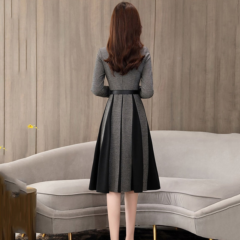 Casual Little Plaid Spliced Hem Pleated A-Line Dresses Women Fall Vintage Belted Long Sleeve Dress Elegant Knee-Length Vestidos