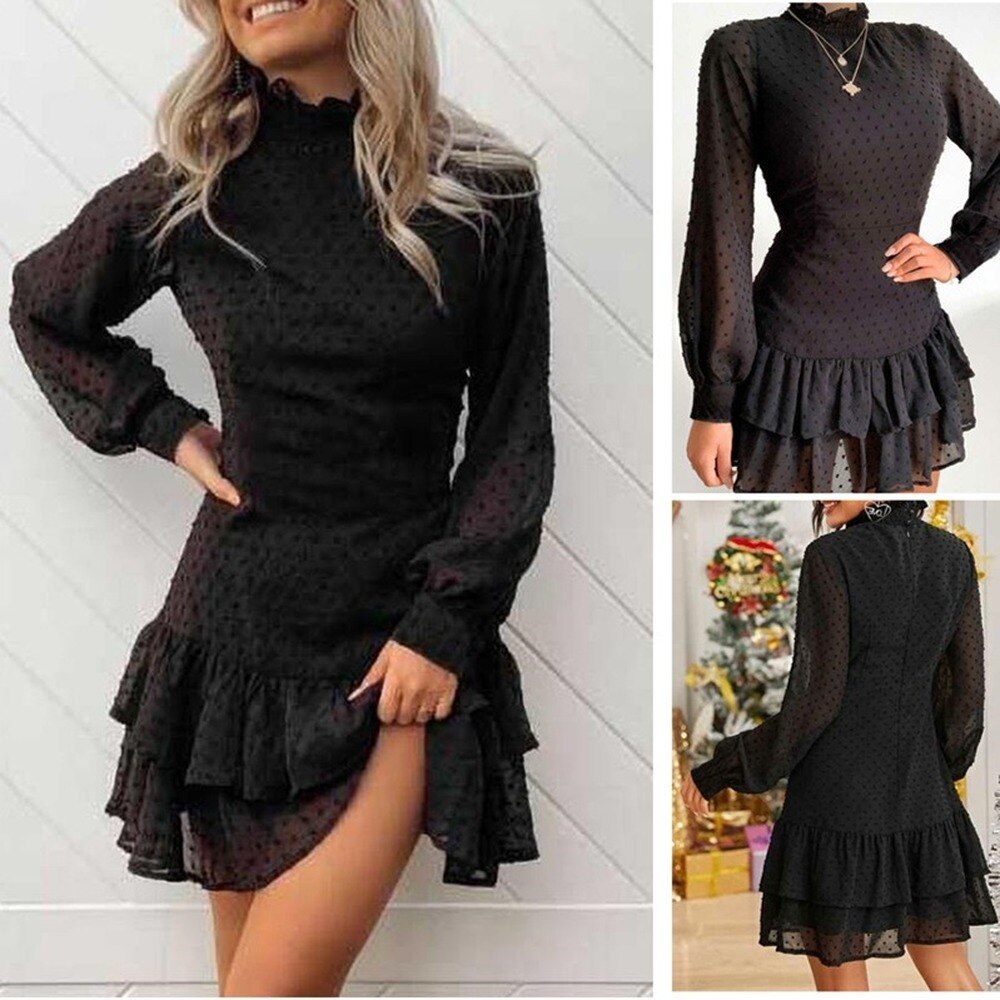 Elegant Black Long Sleeve Dress Women 2021 Chiffon Lace Casual Ruffle Office Dresses Ladies Mini Sundress Vestidos Mujer