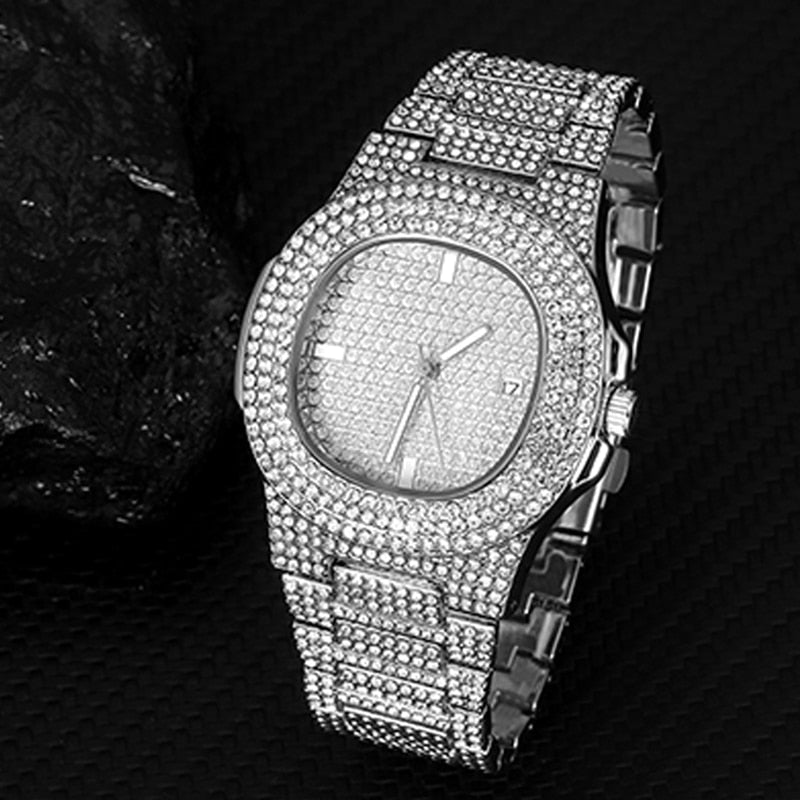 Necklace +Watch+Bracelet Men Cuban Chain 2 Row Iced Out Men's Necklace Rhinestone Zircon Paved Necklaces Men Hip Hop Jewelry Set