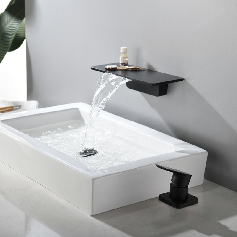 Wall Mounted Basin Faucet Matt Black Brass Bathroom Waterfall Mixer Water Tap Bathroom Cold And Hot Water Taps