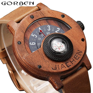Unique Compass Turntable Number Design Mens Wooden Watch Men Brown Wood Leather Band Creative Natural Wood Wrist Watches Relogio