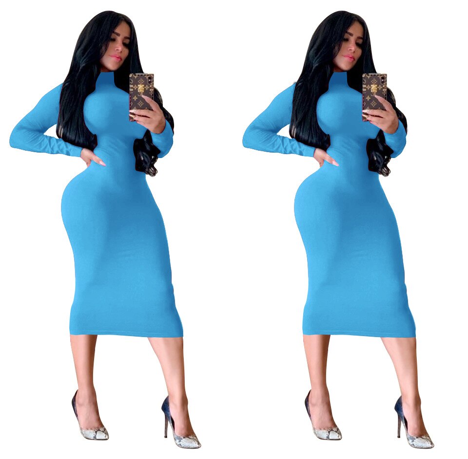 Winter Black Turtleneck Sexy Women Dress Autumn Long Sleeve Skinny Midi Boydcon Casual Blue Plush Knee-Length Party Club