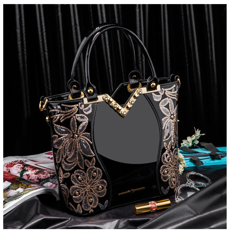 AMELISH Luxury Bag for Women 2022 High Quality Patent Leather Flower Embroidery Diamond Tote Handbag Fashion Female Shoulder Bag