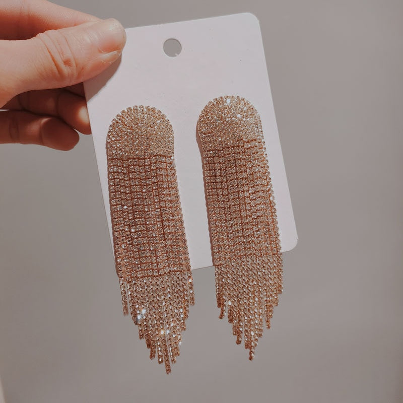 Europe And America New Exaggerated Full Rhinestone Tassel Earrings For Women Party Wedding Statement Jewelry Long Earings Gifts