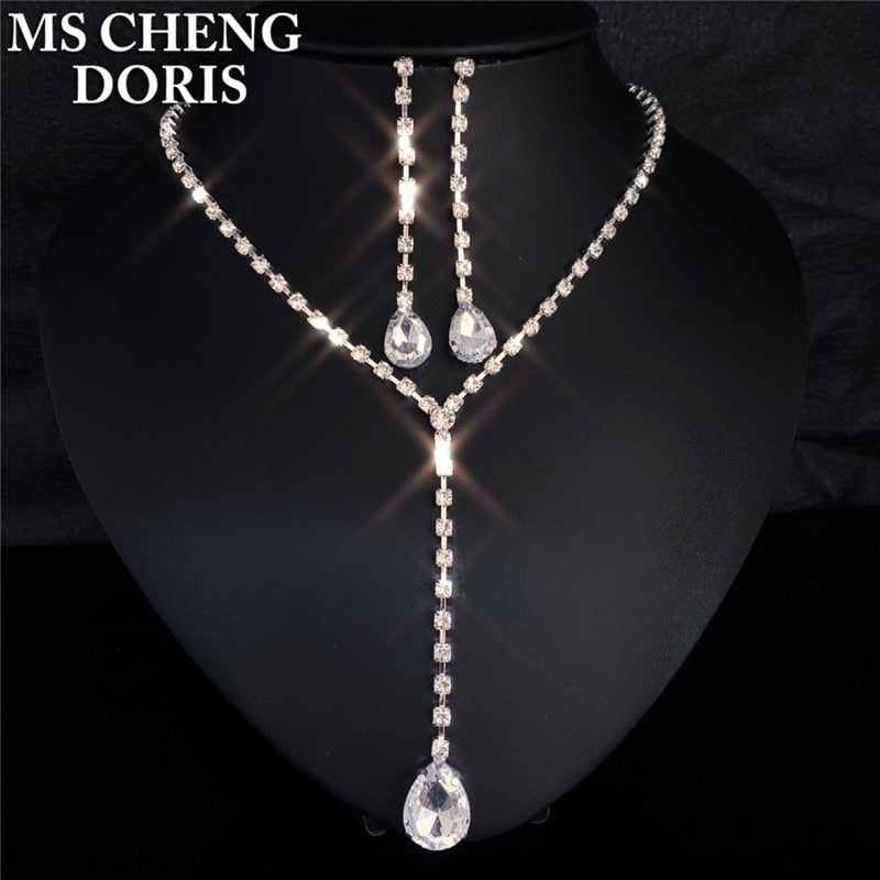 Water Drop Rhinestone Long Pendant Full Crystal Silver Plated Necklace & Earrings Elegant Bridal Wedding Jewelry Set