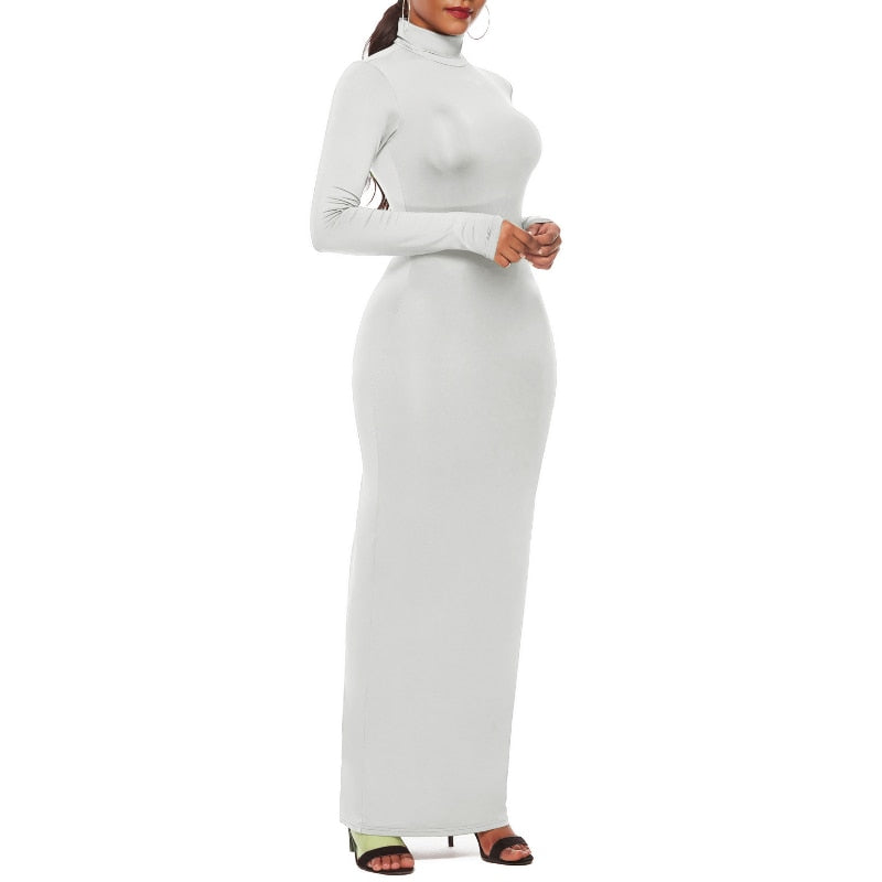 Turtleneck Long Dress Autumn Winter Muslim Elegant Office Lady Skinny Long Sleeve Bodycon Casual Dress Women Midi Clubwear