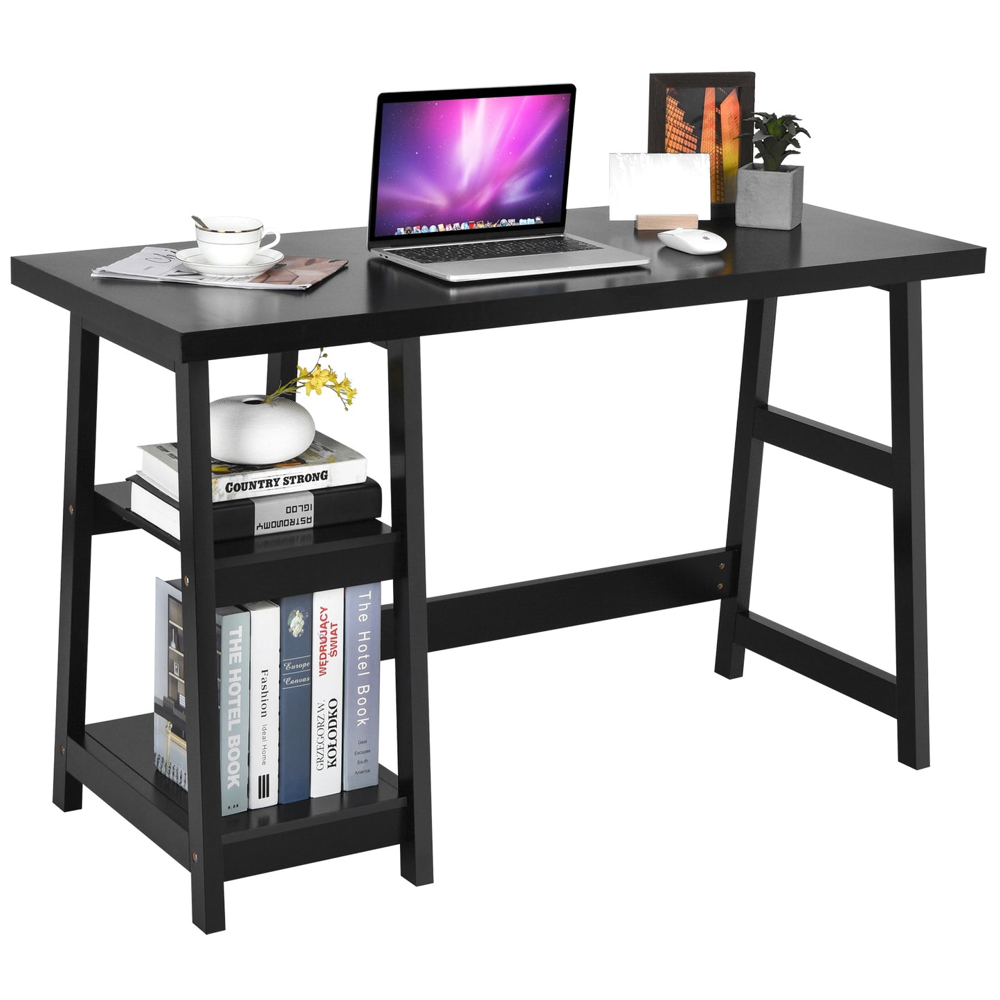 Costway Trestle Computer Desk Indoor Office Workstation w/Removable Shelf HW63370