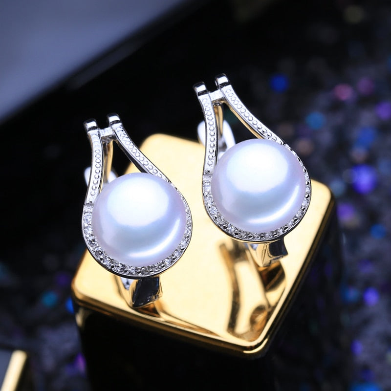 FENASY 925 Sterling Silver Pendant Necklace Natural Pearl Jewelry Sets For Women Classic Stud Earrings Fashion Party Rings