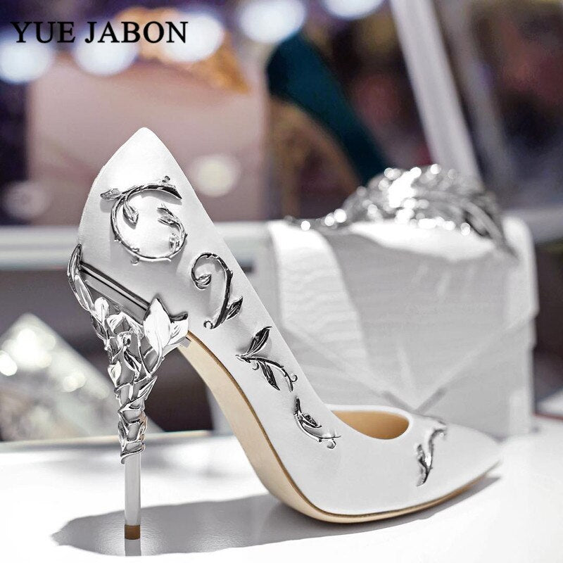 Elegant Silk Women Pumps Leaves Heel High Heels Rhinestone Flower Wedding Shoes Brand Design Pointed Toe shoes woman high heel