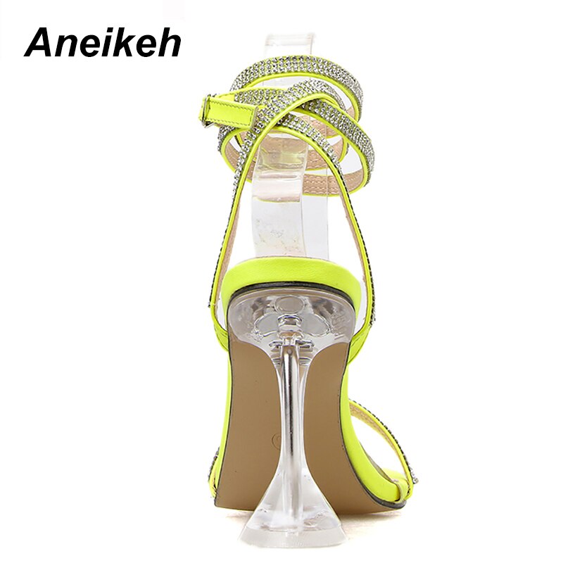 Aneikeh Glitter Rhinestone Pumps Rome Sandals Women Shoes Peep Toe Perspex Heel Stilettos High Heels Sandals Summer Party Shoes