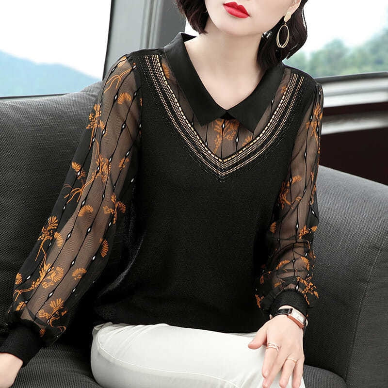 Women Spring Autumn Style Mesh Lace Blouses Shirts Lady Casual Long Sleeve Peter Pan Collar Patchwork Blusas Tops ZZ0656