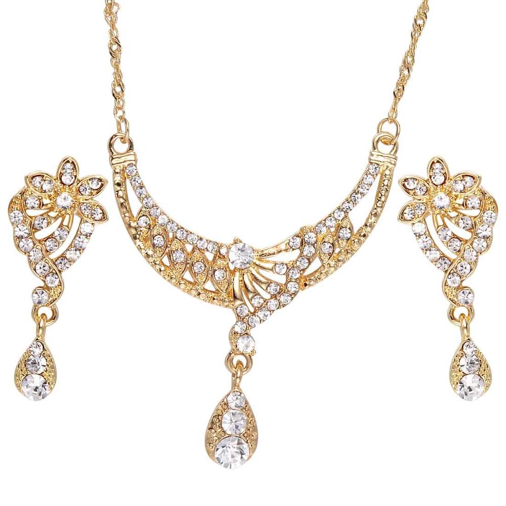 Amazing Price Wedding Gold Plate Jewelry Sets For Women Pendant Statement African Beads Crystal Necklace Earrings Bracelet Rings