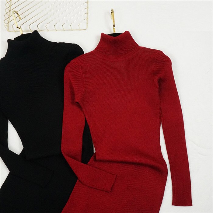 New Autumn Winter Women Knitted Dress Turtleneck Sweater Dresses Lady Slim Bodycon Long Sleeve Bottoming Dress Vestidos PP003