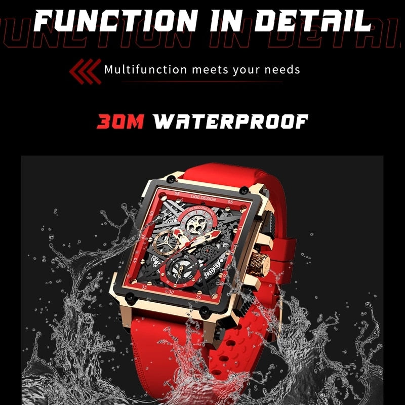 2022 New LIGE Men Watches Top Brand Luxury Hollow Square Sport Watch For Men Fashion Silicone Strap Waterproof Quartz WristWatch