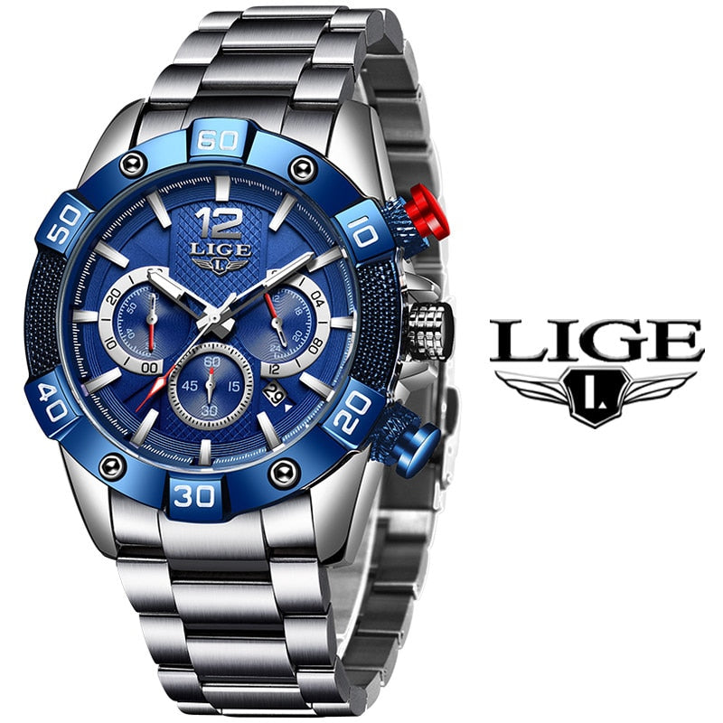 LIGE 2021 New Fashion Blue Mens Watches Top Brand Luxury Clock Sports Chronograph Waterproof Quartz Watch Men Relogio Masculino