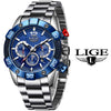 LIGE 2021 New Fashion Blue Mens Watches Top Brand Luxury Clock Sports Chronograph Waterproof Quartz Watch Men Relogio Masculino
